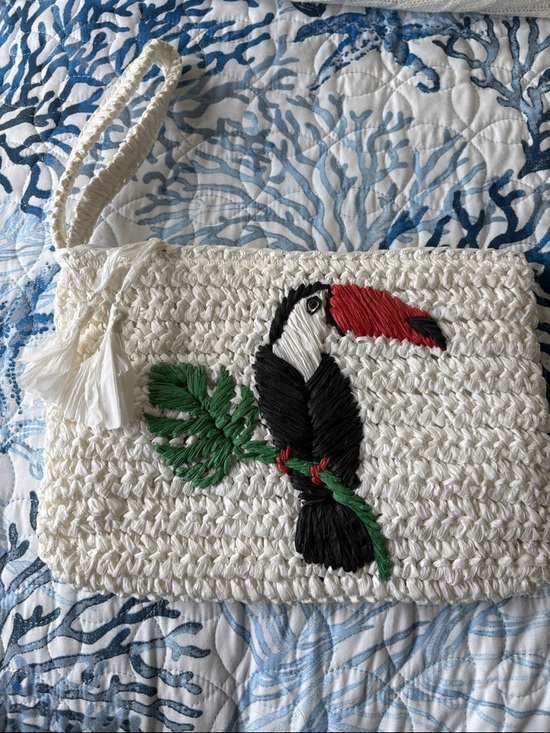 Handbags - Handwoven white Toucan Clutch with Green Leaf Embroidery